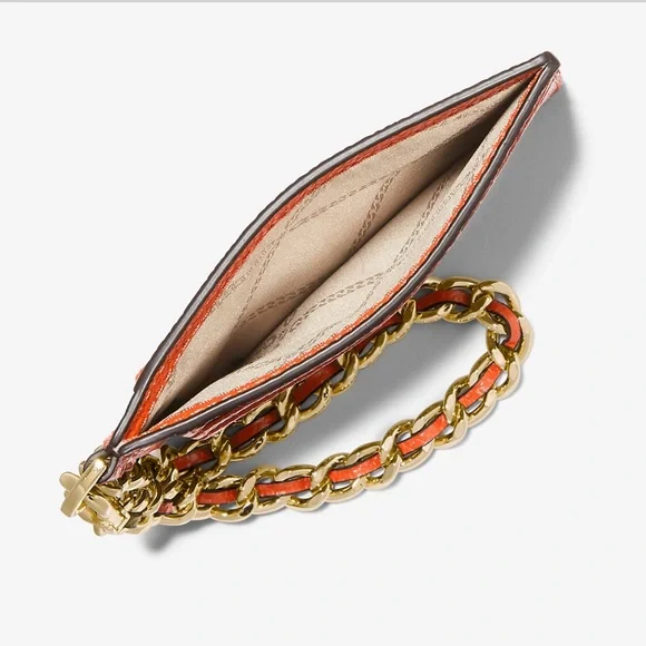 Michael Kors Small Pebbled Leather Chain Card Case Optic Orange NWT - Picture 9 of 10